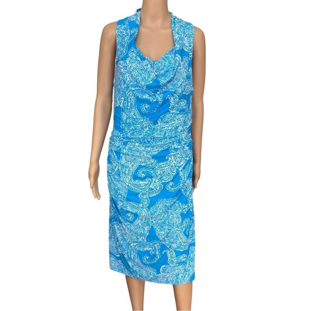 Lauren Ralph Lauren Floral Blue/white Paisley Cowl Neck ruched Dress Sz 14